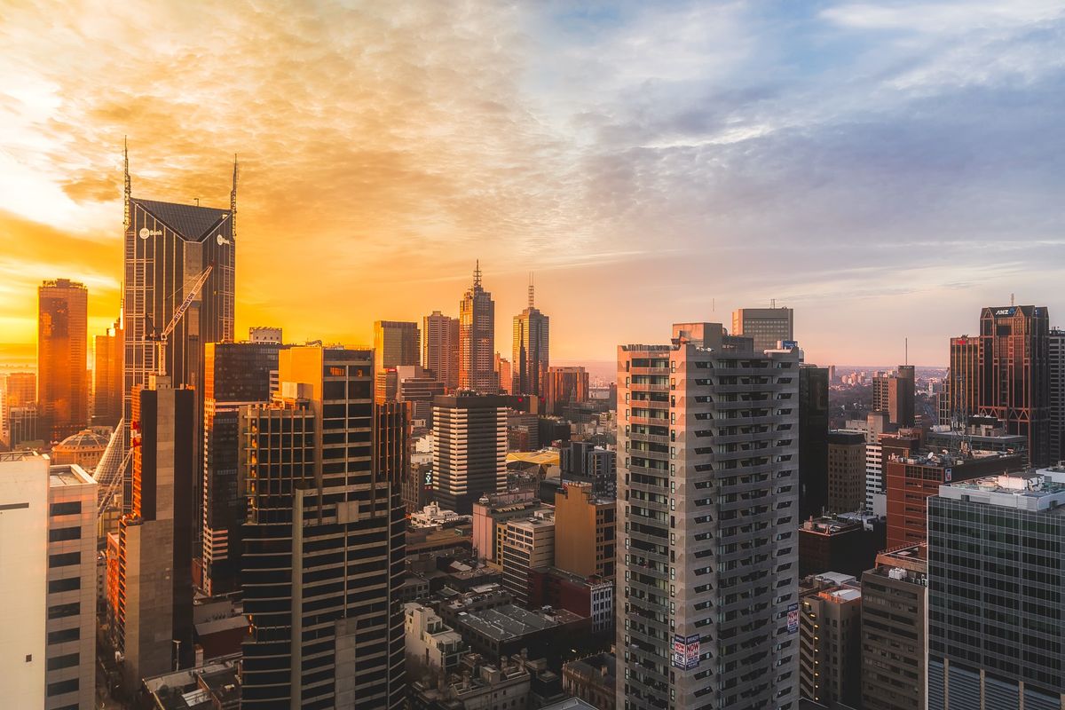 Skyline with residential towers at sunset